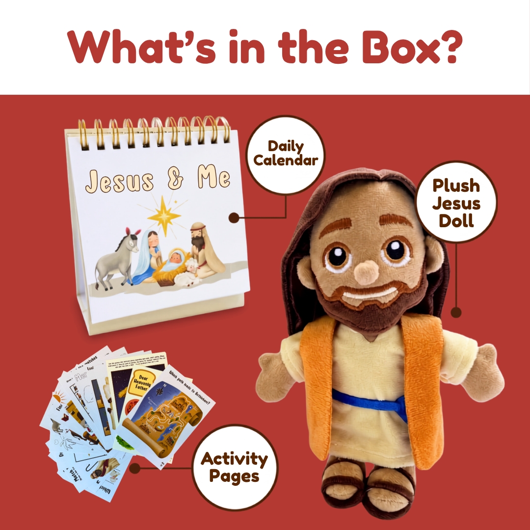 Searching For Jesus Advent - 25-Day Countdown Calendar with daily lessons, Jesus Plush Doll, & 1 Set Activity Pages Pack