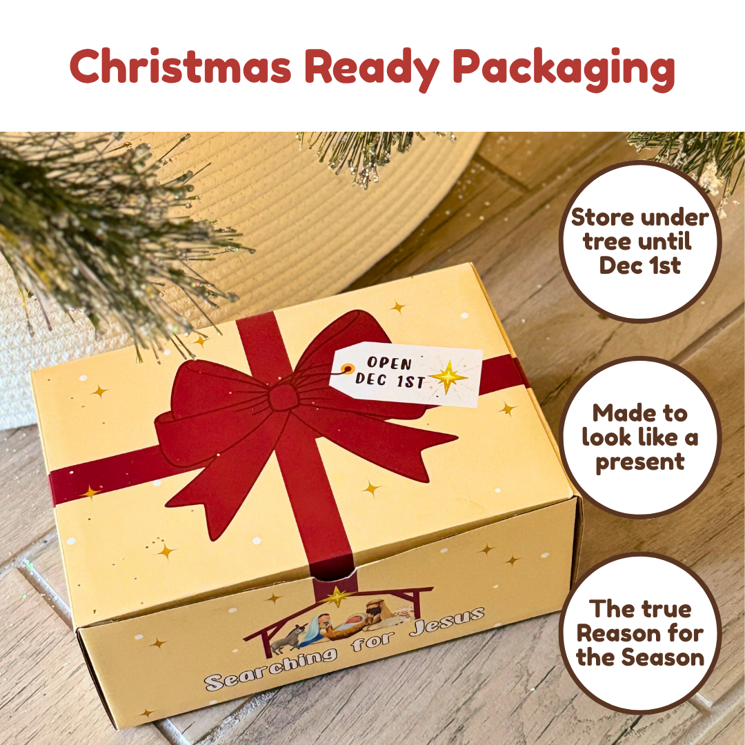 Searching For Jesus Advent - 25-Day Countdown Calendar with daily lessons, Jesus Plush Doll, & 1 Set Activity Pages Pack